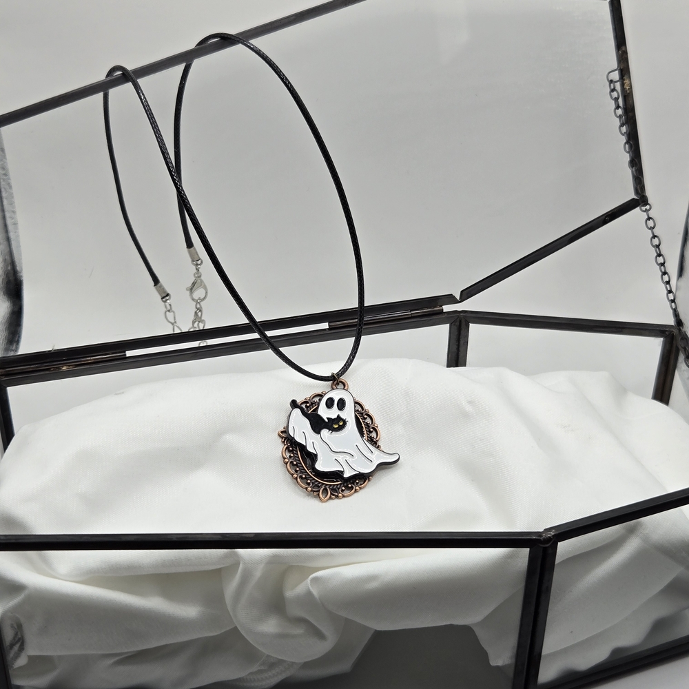 Ghost + Cat Pendant Necklace with Black Cord